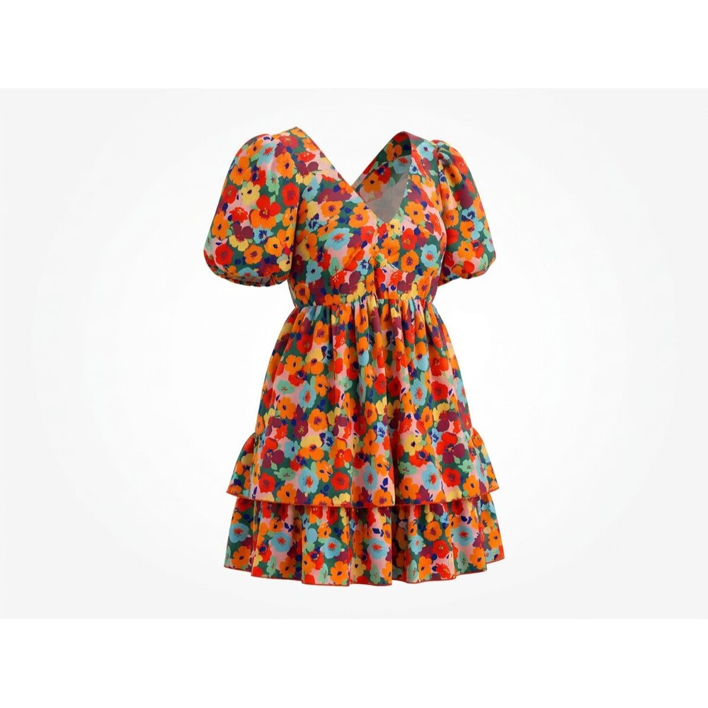Retro Floral Puff Sleeve Ruffle Tiered Mini Dress Womens XL Boho Cottagecore